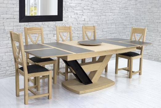 Mesa de comedor rectangular Martin, 180x110 fabricada en madera de roble macizo 1, bandeja cerámica y roble + extensión de 75 cm