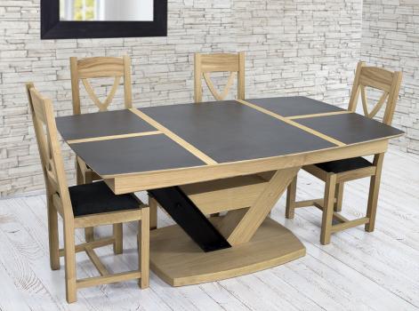 Mesa de comedor rectangular Martin, 180x110 fabricada en madera de roble macizo 1, bandeja cerámica y roble + extensión de 75 cm