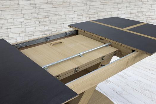 Mesa de comedor rectangular Martin, 180x110 fabricada en madera de roble macizo 1, bandeja cerámica y roble + extensión de 75 cm