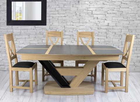 Mesa de comedor rectangular Martin, 180x110 fabricada en madera de roble macizo 1, bandeja cerámica y roble + extensión de 75 cm