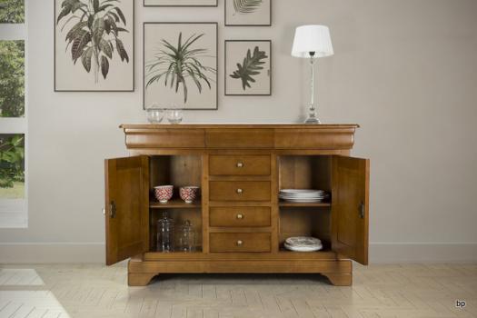 Aparador de 2 puertas y 7 cajones fabricado en madera de cerezo macizo al estilo Louis Philippe