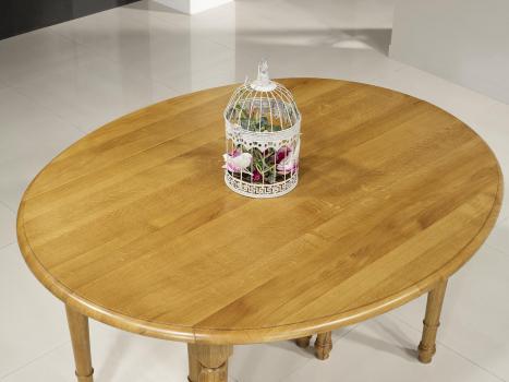 Mesa de comedor ovalada fabricada en madera de roble macizo al estilo Louis Philippe 135x110 con 7 extensiones