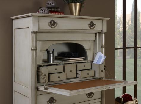 Secretaria estilo francés Imperio Margot fabricada en madera de cerezo macizo lacado pátina gris envejecida