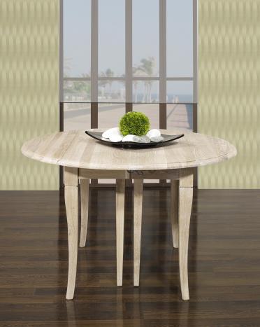 Mesa de comedor redonda fabricada en madera de roble macizo al estilo Louis Philippe diámetro 110 con 5 extensíones