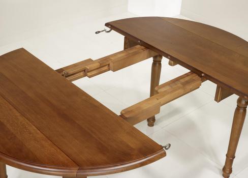 Mesa de comedor redonda fabricada en madera de roble macizo al estilo Louis Philippe diámetro 105cm con 2 extensiones