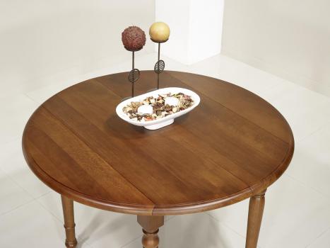 Mesa de comedor redonda fabricada en madera de roble macizo al estilo Louis Philippe diámetro 105cm con 2 extensiones