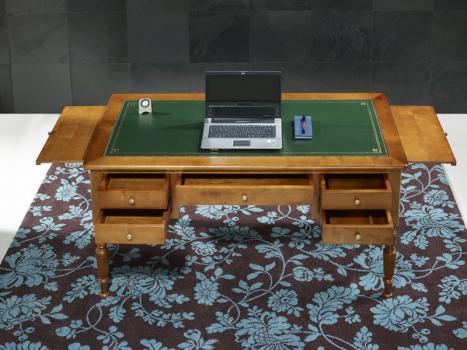 Escritorio 5 cajones fabricado en madera de cerezo macizo al estilo Louis Philippe superficie de escritura de piel topo color verde