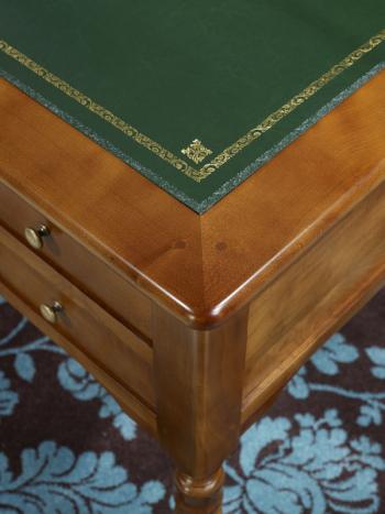 Escritorio 5 cajones fabricado en madera de cerezo macizo al estilo Louis Philippe superficie de escritura de piel topo color verde