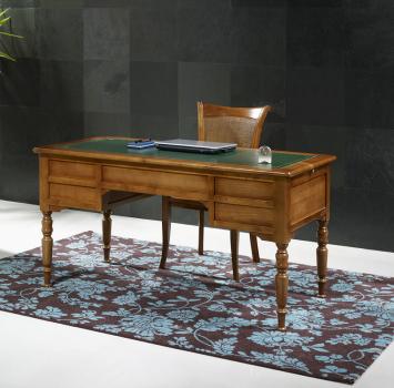 Escritorio 5 cajones fabricado en madera de cerezo macizo al estilo Louis Philippe superficie de escritura de piel topo color verde