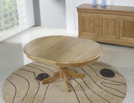Mesa de comedor redonda con pata central,fabricada en madera de roble macizo al estilo de Louis Philippe DIAMETRO 120cm - 2 extensiones de 40 cm