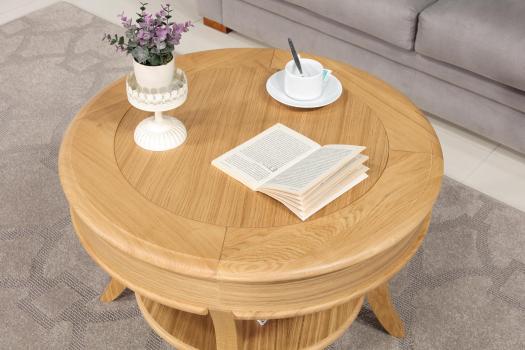 Mesa de centro redonda Oliver fabricada en madera de Roble macizo de estilo Louis Philippe 