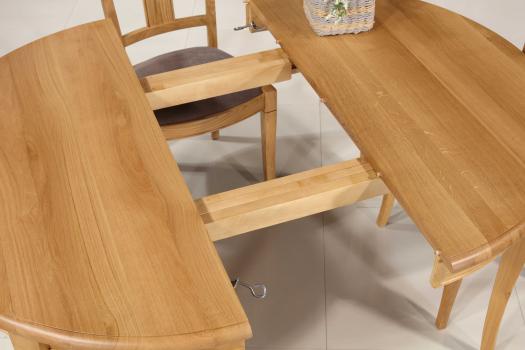 Mesa redonda de Comedor fabricada en roble macizo de estilo Louis Philippe Diámetro 120 + 2 extensiones de 40 cm