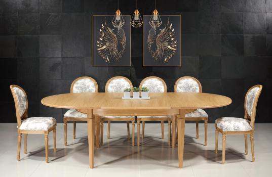 Mesa ovalada de 160 x 110 cm fabricada en roble macizo de estilo Directorio con dos extensiones incorporadas de 40 cm