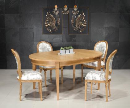 Mesa ovalada de 160 x 110 cm fabricada en roble macizo de estilo Directorio con dos extensiones incorporadas de 40 cm