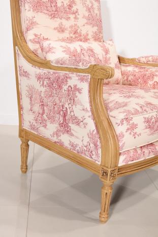 Sillón estilo Louis XVI de roble macizo con tela Toile de Jouy