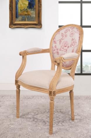 Sillón estilo Luis XVI en Roble con asiento y respaldo tapizados