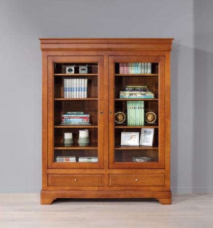 Biblioteca Delphine de 2 puertas y 2 cajones en madera maciza de cerezo de estilo Louis Philippe