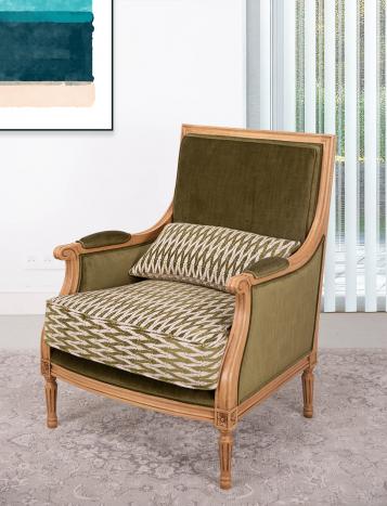Fauteuil de style Louis XVI réalisé en Chêne massif  Tissu d'ameublement Valdouro