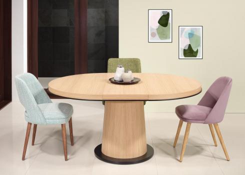 Mesa de comedor redonda fabricada en madera de roble Diámetro 115 cm + 1 extensión 40 cm