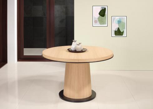 Mesa de comedor redonda fabricada en madera de roble Diámetro 115 cm + 1 extensión 40 cm