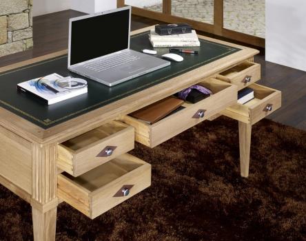 Escritorio de 5 cajones Jean-Christian fabricado en madera de Roble macizo estilo Directoire Acabado en Roble Cepillado Natural 
