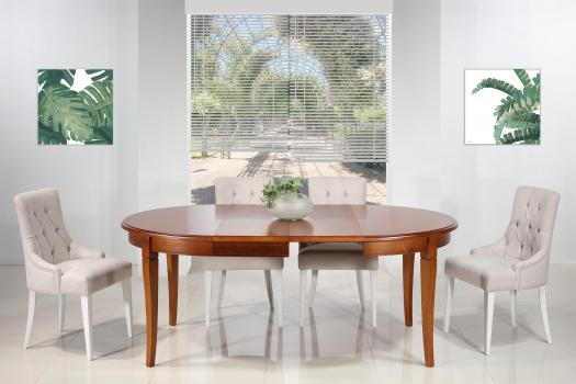 Mesa de comedor redonda Camille fabricada en madera de cerezo macizo al estilo Louis Philippe DIAM.120 + 2 extensiones de 40 cm 