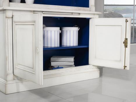 Armario vitrina 2 cuerpos Eliza fabricado en roble macizo estilo Directorio Acabado Marfil y azul ultramarino
