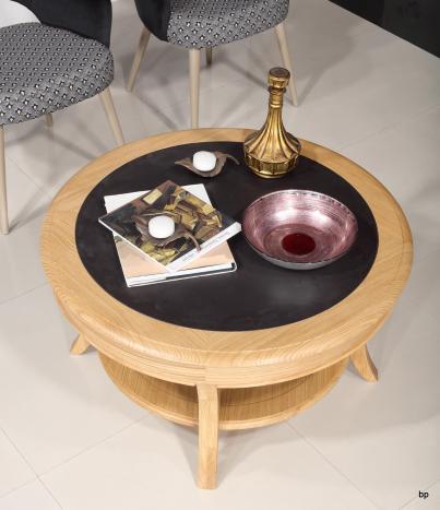 Mesa de centro redonda Rafael con cerámica fabricada en madera de roble macizo al estilo Louis Philippe