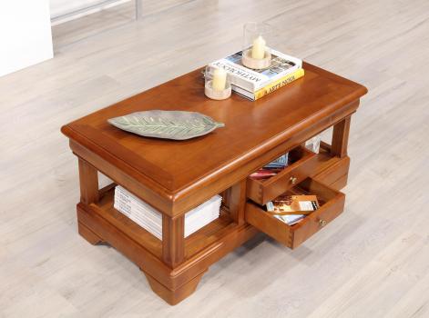 Mesa de centro Camille fabricada en madera de Cerezo macizo al estilo Louis Philippe con 2 cajones 