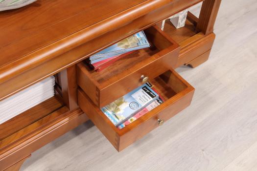 Mesa de centro Camille fabricada en madera de Cerezo macizo al estilo Louis Philippe con 2 cajones 