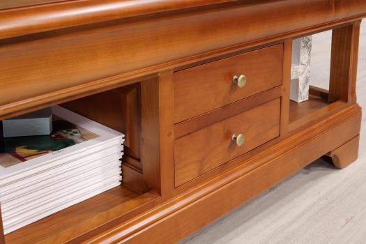 Mesa de centro Camille fabricada en madera de Cerezo macizo al estilo Louis Philippe con 2 cajones 