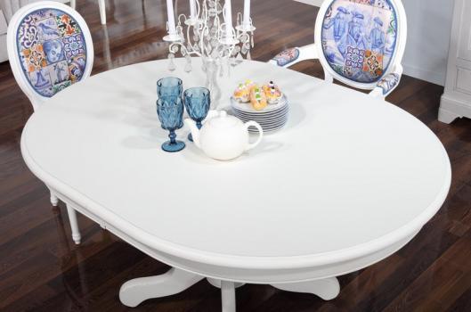 Mesa de comedor ovalada Toledo con una pata central fabricada en madera de Cerezo macizo estilo Louis Philippe 160x120 + 5 extensiones acabado marfil
