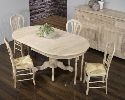 Mesa de comedor redonda Benito con pata central fabricada en madera de Roble macizo al estilo Louis Philippe diametro 105cm acabado cepillado blanqueado 