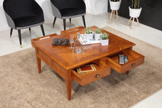 Mesa de centro con 4 cajones fabricada en madera de cerezo macizo en estilo Directoire 