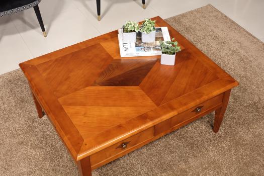 Mesa de centro con 4 cajones fabricada en madera de cerezo macizo en estilo Directoire 