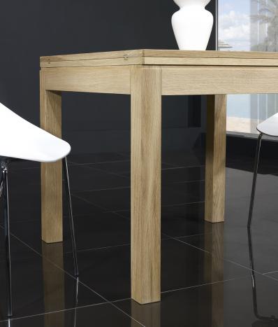 Mesa de comedor cuadrada  90x90 fabricada en madera  de Roble macizo estilo contemporáneo, abierta 180x90