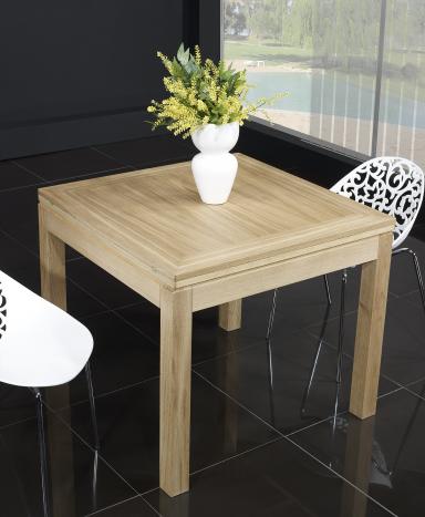 Mesa de comedor cuadrada  90x90 fabricada en madera  de Roble macizo estilo contemporáneo, abierta 180x90