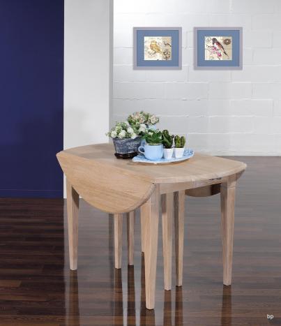 Mesa de comedor redonda diámetro 110cm fabricada en madera Roble macizo al estilo Provenzal + 7 extensiones de 40