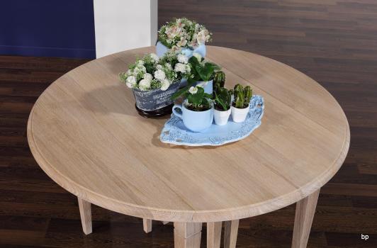 Mesa de comedor redonda diámetro 110cm fabricada en madera Roble macizo al estilo Provenzal + 7 extensiones de 40