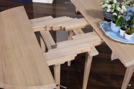Mesa de comedor redonda diámetro 110cm fabricada en madera Roble macizo al estilo Provenzal + 7 extensiones de 40