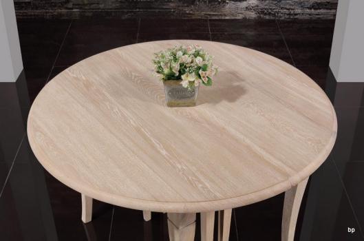 Mesa de comedor redonda diámetro 110 cm fabricada en madera de Roble macizo al estilo Provenzal + 7 extensiones de 40cm