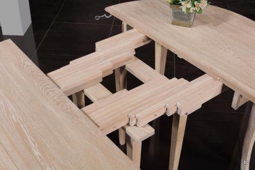 Mesa de comedor redonda diámetro 110 cm fabricada en madera de Roble macizo al estilo Provenzal + 7 extensiones de 40cm