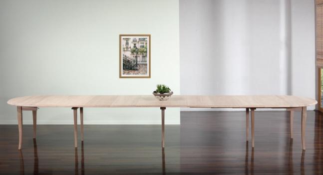 Mesa de comedor redonda diámetro 110 cm fabricada en madera de Roble macizo al estilo Louis Philippe + 10 extensiones de 40 cm