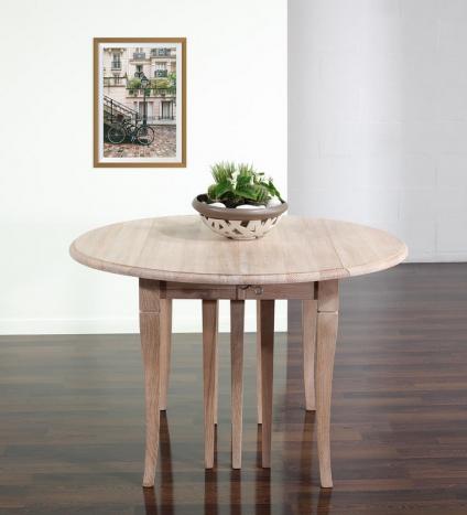 Mesa de comedor redonda diámetro 110 cm fabricada en madera de Roble macizo al estilo Louis Philippe + 10 extensiones de 40 cm