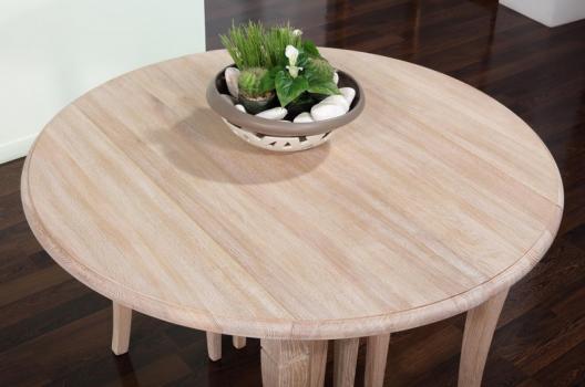 Mesa de comedor redonda diámetro 110 cm fabricada en madera de Roble macizo al estilo Louis Philippe + 10 extensiones de 40 cm