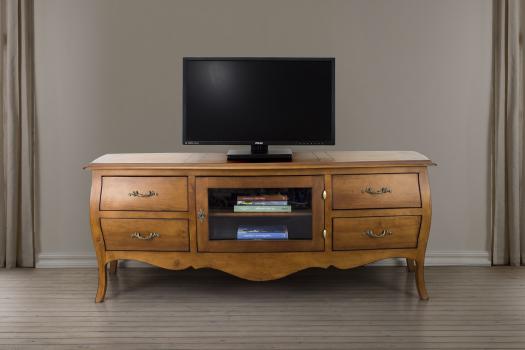 Muebles de TV Adelia fabricado en madera de cerezo macizo al estilo Luis XV acabado nogal claro