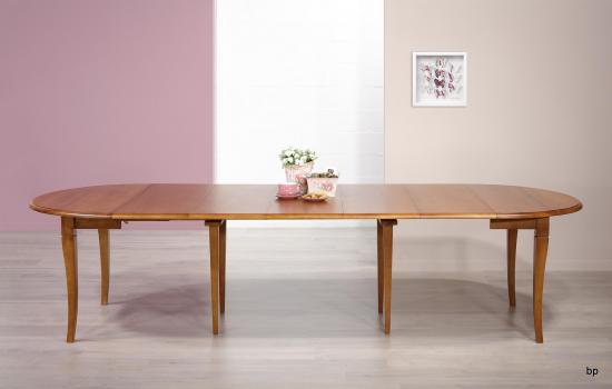 Mesa de comedor redonda diámetro 110 fabricada en madera de Roble macizo al estilo Louis Philippe + 5 extensiones de 40cm