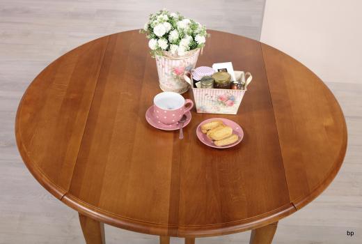 Mesa de comedor redonda diámetro 110 fabricada en madera de Roble macizo al estilo Louis Philippe + 5 extensiones de 40cm
