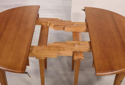 Mesa de comedor redonda diámetro 110 fabricada en madera de Roble macizo al estilo Louis Philippe + 5 extensiones de 40cm