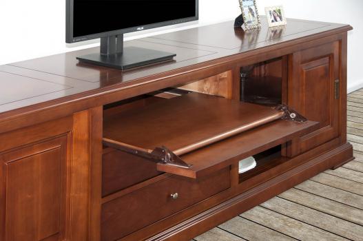 Mueble TV Beatriz fabricado en madera de Cerezo macizo al estilo Louis Philippe con 4 puertas y 3 cajones